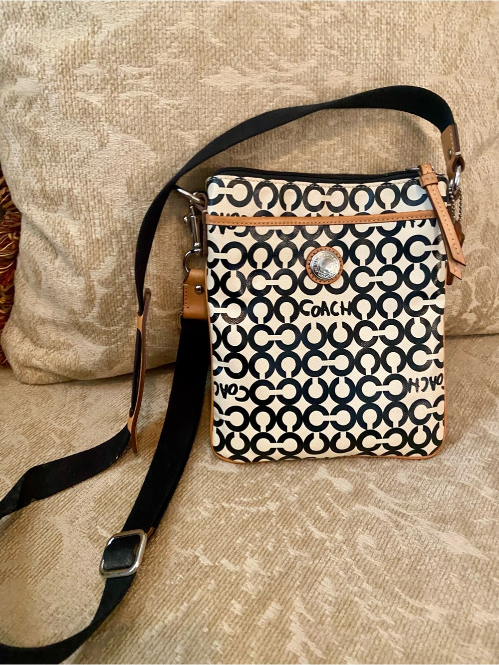 Coach Black & Cream Signature Crossbody with Tan Trim